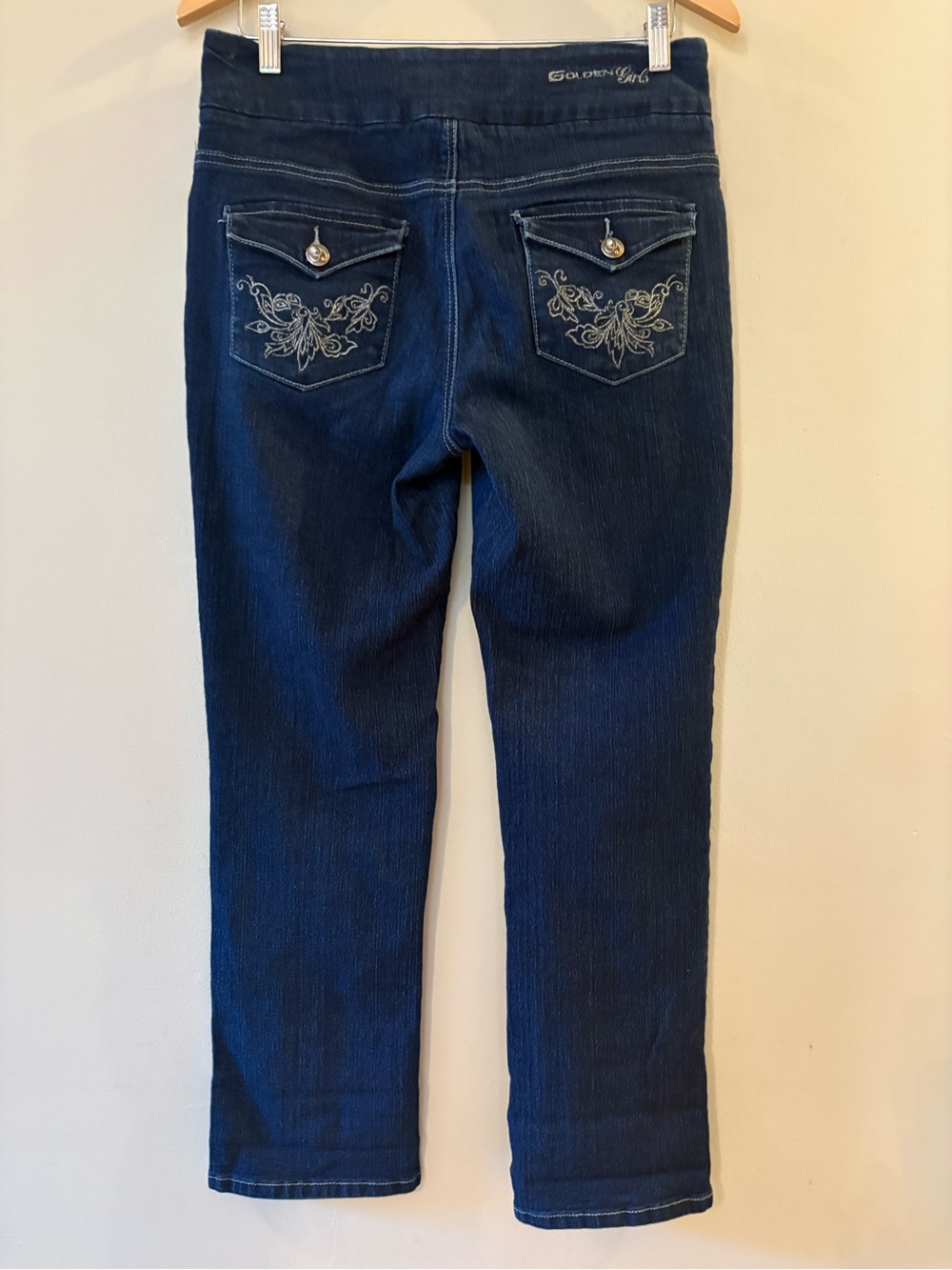 Golden Girls Dark Wash Embroidered Flap Pocket Pull On Denim Jeans, 10P.